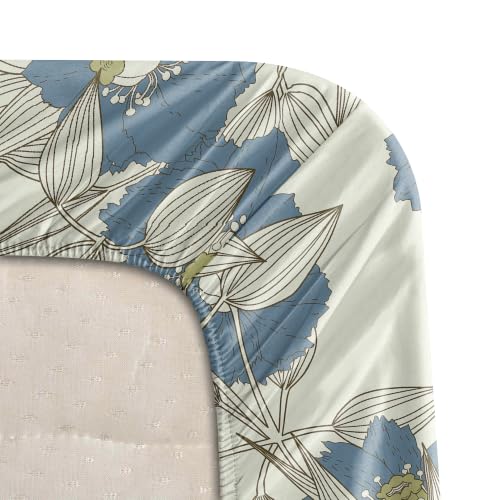 Image of BLISSHOME SoftTouch 140TC Cotton King Size Fitted Bedsheet with 2 Pillow Covers, Silky Smooth Bedding Set, Breathable, Easy Maintain, Floral Print - Ivory, Blue (182cm x 198cm x 25cm Drop)