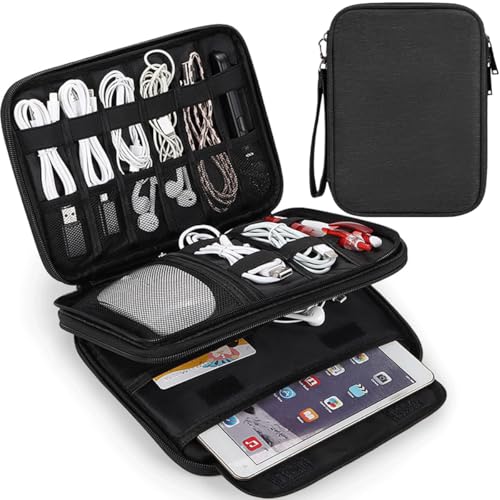 Electronics Organizer Travel Case, Travel Cable Organizer Bag Pouch Portable Waterproof Double Layers Storage Bag for Cable, Cord, Charger, Phone, SD Card, Earphone, USB, iPad Mini, Black