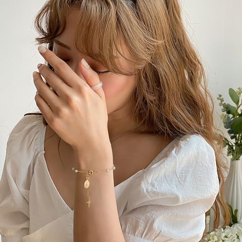 Image of Rosary Bracelet for Women, Dainty 14K Gold Plated Virgin Mary Cross Charm Bracelet Catholic First Communion Baptism Religious Gifts for Her