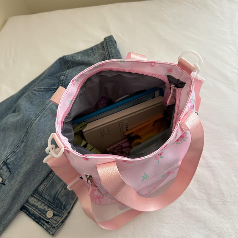 Bow Floral Tote Bag for Women Coquette Cute Shoulder Bags Aesthetics Casual Crossbody Purse4