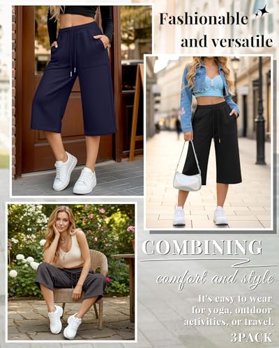 Image of 3 Pack Women's Capri Sweatpants Wide Leg Capris Casual Drawstring Loose Cropped Lounge Yoga Pants with Pockets