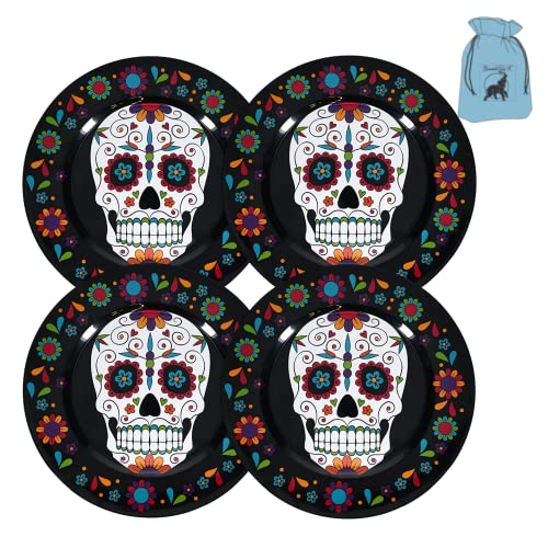 EBK Day of the Dead Round Charger Plates 7 in Sugar Skull Melamine Decorative Halloween Harvest Table Decor Reusable Platter Tableware Dinner Indoor Outdoor Events Set 4 & Customized bag, 13 inches