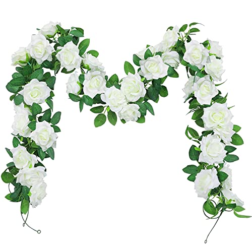 Guirlande Fleurs Artificielles Deco, 3pcs 2.4m Guirlande de Vigne Artificielles avec 27 Roses pour Décoration Jardin, Arche Mariage, Fêtes(Blanc)