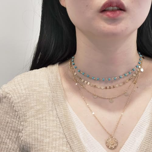 Layered Turquoise Necklaces For Women Gold Turquoise Coin Pendant Layered Necklaces Chain Glitter Bohemia Sequin Tassel Long Necklace Beach Chain Jewelry Adjustable4