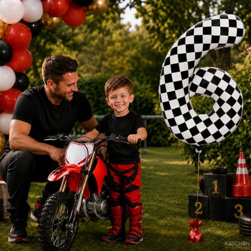Image of KatchOn Checkered Number 6 Balloon for 6th Birthday Decorations - 40 Inch