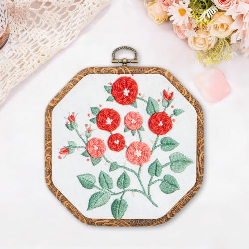 Image of Faylapa 6Pcs Embroidery Hoop Octagonal 7.1 inch Cross Stitch Hoop Ring | Decorative Imitated Wood Display Frame for Embroidery, Craft Sewing DIY Hanging Decoration
