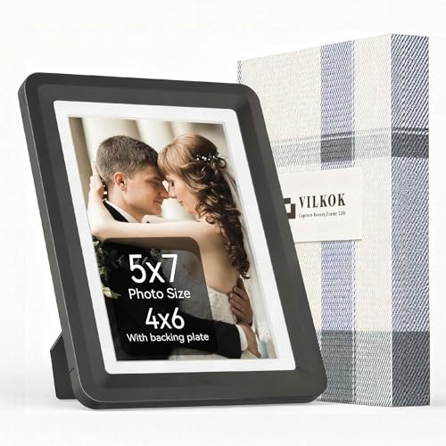 vilkok Black 5x7 Picture Frame,1 Pack, Fits 5x7 Photo or 4x6 with Mat, Acrylic Front & Durable ABS Frame, Shatterproof UV-Resistant Tabletop Display, Vertical/Horizontal Home Décor Frame