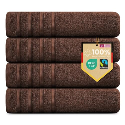B!HOME Lot de 4 serviettes de bain premium [100% coton] 70x140 cm, brun/grandes serviettes douces, absorbantes et faciles à entretenir/Drap de bain parfait pour la...