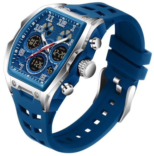 TICKEEN Herrenuhren für Herren Einzigartige rechteckige Uhren Militärische Digital-Analog Sportuhr Weiße Armbanduhr mit Alarm,Stoppuhr,Countdown,Stundenschlag,wasserdichte Multifunktionsuhren (Blau)