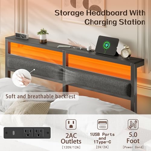 Image of OURPIC Full Size Bed Frame with Headboard, Bed Frame Full Size with LED Light and Charging Station, Black Metal Platform Bedframe and Storage Shelf, No Box Spring Needed, Noise Free