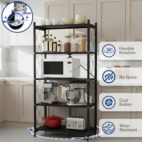Image of 5 Tier Foldable Storage Shelf with Wheels, Heavy-Duty Metal Shelving Unit, No Assembly Book Shelf Rolling Storage Rack for Garage, Kitchen, Pantry, Closet, Exhibition, Office Decor, Black