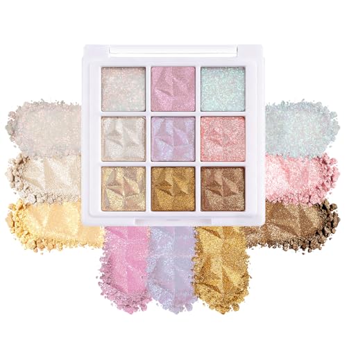 DAGEDA 9 Colors Glitter Eyeshadow Palette, Shimmer Face Eye Makeup Palette, Long Lasting, Waterproof, Sparkle Eye Shadow Face Highlighter Powder, Chameleon Color Fairy Makeup for Women