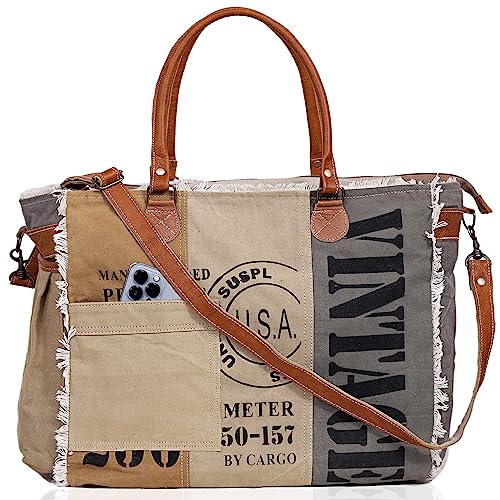 CLA Bags, bolsa de fim de semana de lona upcycle de 43 cm, bolsa de praia e couro bovino, bolsa transversal de lona, bolsa Hobo de lona, bolsa de lona para mulheres, Cor creme e cinza, 17 Inch