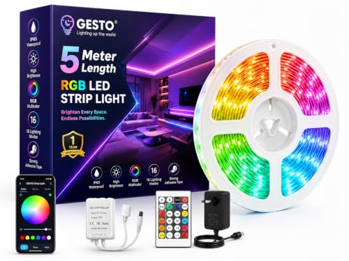 Image of Gesto 5 Meter LED Strip Lights | 300 Led RGB Strip Light with Adaptor,Multicolor LED Lights for Home Decoration, Bedroom,Diwali Decoration & False Ceiling| Music Sync Bluetooth App. and Remote Control