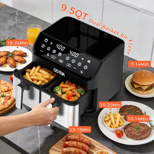 Image of OSTBA 9.5QT Double Air Fryer, 1700W Dual Air Fryer with 2 Independent 4.25QT Stainless Steel Baskets, Digital Touchscreen, Sync Finish, 8 Presets, Auto Shutoff, Nonstick Dishwasher Safe