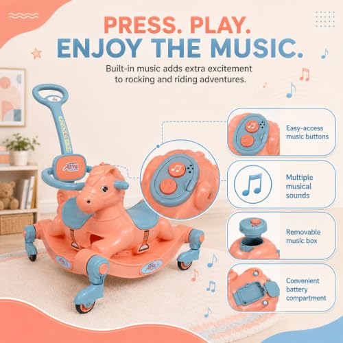 Image of 3 in 1 Baby Horse Rider for Kids 1-5 Years with Parent Handle, Rocking Horse, Ride On Toy, 360 Safety Guard, Music, Swivel Wheels, Backrest, Baby Ride On for Boys & Girls (Orange)