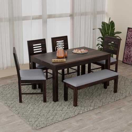 Image of 57 Inch Length Solid Sheesham Wood 6 Seater Dining Table Set | Six Seater Dinner Table with 4 Grey Cushions Chairs & 1 Bench | Dinning Table Set 6 Seater for Living Room| Walnut Finish
