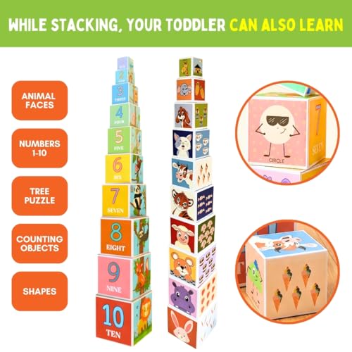 Image of PepPlay Stacking & Nesting Cubes for Toddlers 1-3 Years 10 Sturdy Blocks that Teach Numbers, Animals, Shapes & Counting Taller Than Your Toddler Montessori Learning Toy Birthday Gift for Boys & Girls