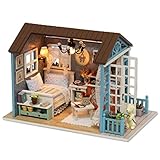 BSTCAR 3D Puppenhaus Miniatur mit Möbeln LED-Licht, DIY Hölzernes Puppenhaus Kit - Miniatur Haus Selber Bauen Idee Geschenk