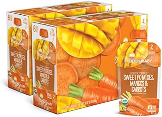 Happy Baby Organics Stage 2 Baby Food Pouches, Gluten Free, Vegan & Healthy Snack, Clearly Crafted Fruit & Veggie Puree, Sweet Potatoes, Mangos & Carrots, 4 Ounces (Pack of 16)