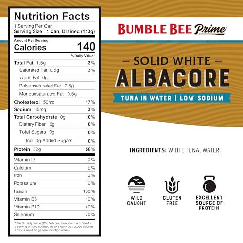 Image of Bumble Bee Prime Low Sodium Solid White Albacore Tuna in Water, 5 oz Can - Premium Wild Caught Tuna - 32g Protein per Serving - Non-GMO Project Verified, Gluten Free, Kosher (Pack of 3)