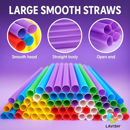 لافيش ماصات سموثي جامبو متعددة الالوان، 25 قطعة، قطر 12 ملم وطول 21 سم، ماصات شرب بلاستيكية مغلفة بشكل فردي خالية من BPA امنة غذائيا لشاي الفقاعات والميلك شيك والسموذي والعصير