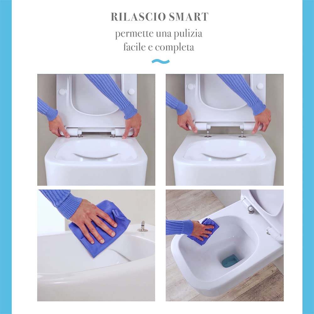 Inbagno Sanitari Filo Muro con Scarico traslato Rimless, in Ceramica Bianca Lucida Serie Synthesis, Incluso Copri WC rallentato con sgancio rapido