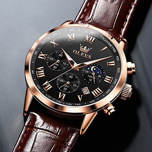 Image of OLEVS Men's Leather Analog Quartz Watch - Luxury Chronograph Wristwatch with Date, Waterproof, Luminous - Dress Style