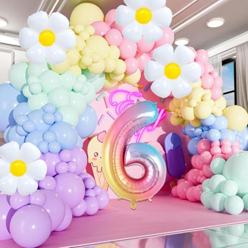Pasiihol Happy 6th Birthday Decorations For Girls, Pastel Rainbow Party Decorations, 21 Pieces Including 6 Balloon Number, Daisy & Star Balloons, 12 Inch Pastel Balloons, Ribbon & Straw by Pasiihol - Used condition - Image 6
