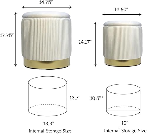 Miniatura 3 de Otomana redonda con almacenamiento, juego de 2 taburetes de tocador, reposapiés con tapa extraíble, taburete otomano de almacenamiento de terciopelo