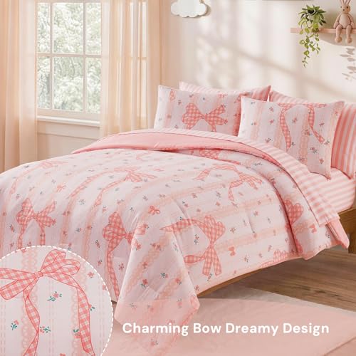 Image of Twin XL Comforter Set with Sheets for Girls-5 Pieces Twin Bedding Sets | Soft Printed Cute Bow Comforter with Pillowcases & Shams, 66 inch X 90 inch