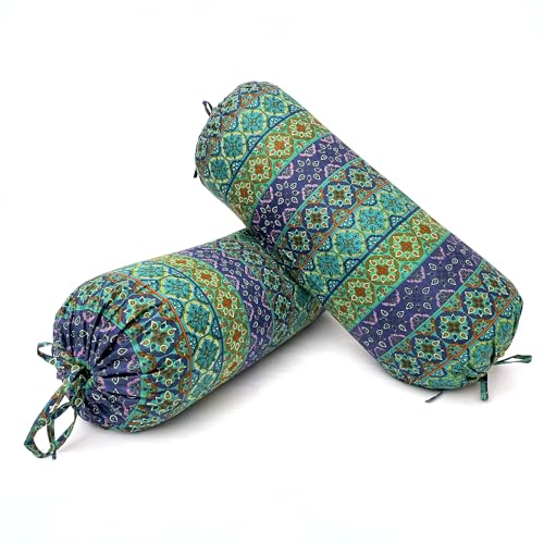 Image of Swayam Set of 2 Pure Cotton Bolster Cover | 30x30 Inch | Soft Breathable Masnad Cover 200TC | Durable & Washable | Motif Print Bolster Cover for Diwan, Bed & Sofa - Blue