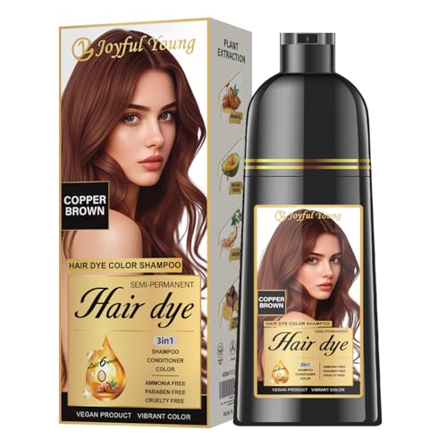 Joyful Young Hair Dye Shampoo 3-in-1, Copper Brown Semi-Permanent Gray Hair Coverage, Color Depositing Shampoo for Women & Men, Vegan, Ammonia-Free
