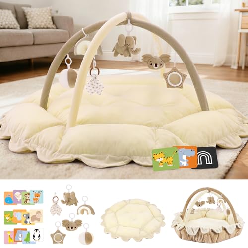 Image of 5-in-1 Baby Activity Gym & Play Mat with 6 Hanging Toys, Tummy Time Mat & Cards - Extra Large, Reversible Machine Washable Pad - Gift for Newborns, Infants 0-12 Months, Cream