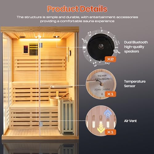 Image of OUTEXER 2-3 Person Steam Sauna Traditional Saunas Home Spa Room Wet Indoor Saunas 7 Color LED Lights with 240V 3KW Heater, Sauna Stone, Wooden Bucket, Spoon, Thermometer, Hourglass, Cup Holder
