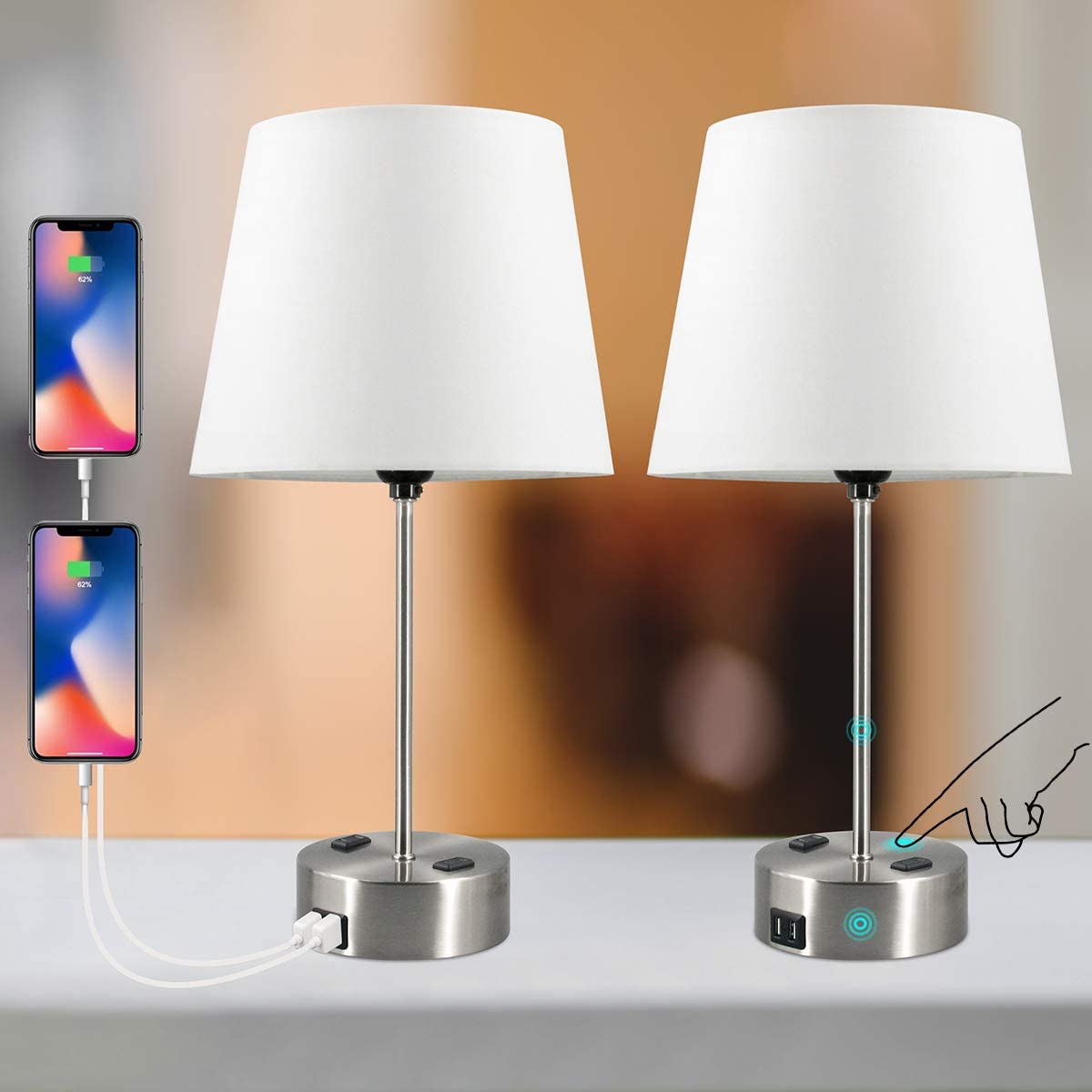 Photo 1 of Dott Arts USB Table Lamps, 3-Way Dimmable Touch Control Table Lamp, Nightstand Lamps Set of 2, Dedside Lamps with Dual USB Charging Ports, Two E26 Bulb Include, Lamps for Bedrooms Living Room Office Traditional