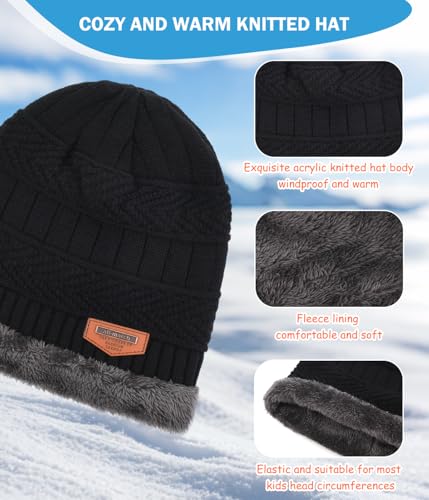 Image of Kids Winter Hat Scarf&Touchscreen Gloves Set,Knitted Beanie with Fleece Lining, Neck Warmer for Boys Girls 4-15 Years