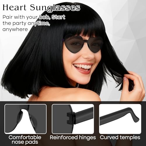 Image of PLULON Black Bob Wig with Bangs, Short Straight Bob Wig with Heart Sunglasses 12 Inch Shoulder Length Heat Resistant Synthetic Hair Cap for Women Natural Look Daily Use Cosplay Halloween Costume Party