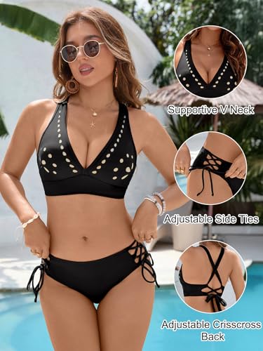 Blooming Jelly Women's Bikini Set Two Piece Swimsuit Modest Bathing Suit Petal Hollow V Neck Top String Mid Rise Bottom2