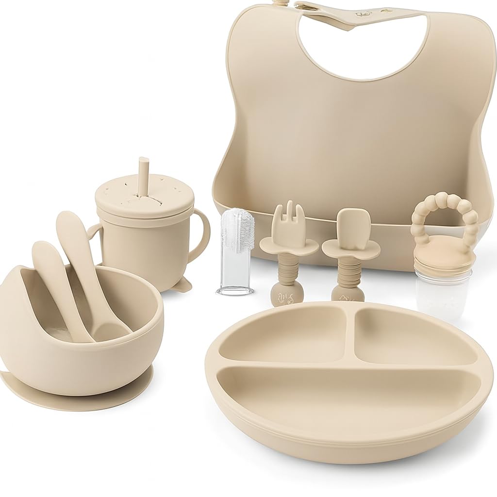 Indique Baby Weaning Set, 11 Pcs Silicone Baby Feeding Set including Suction Plate, Weaning Kit with Adjustable Bib, Fork