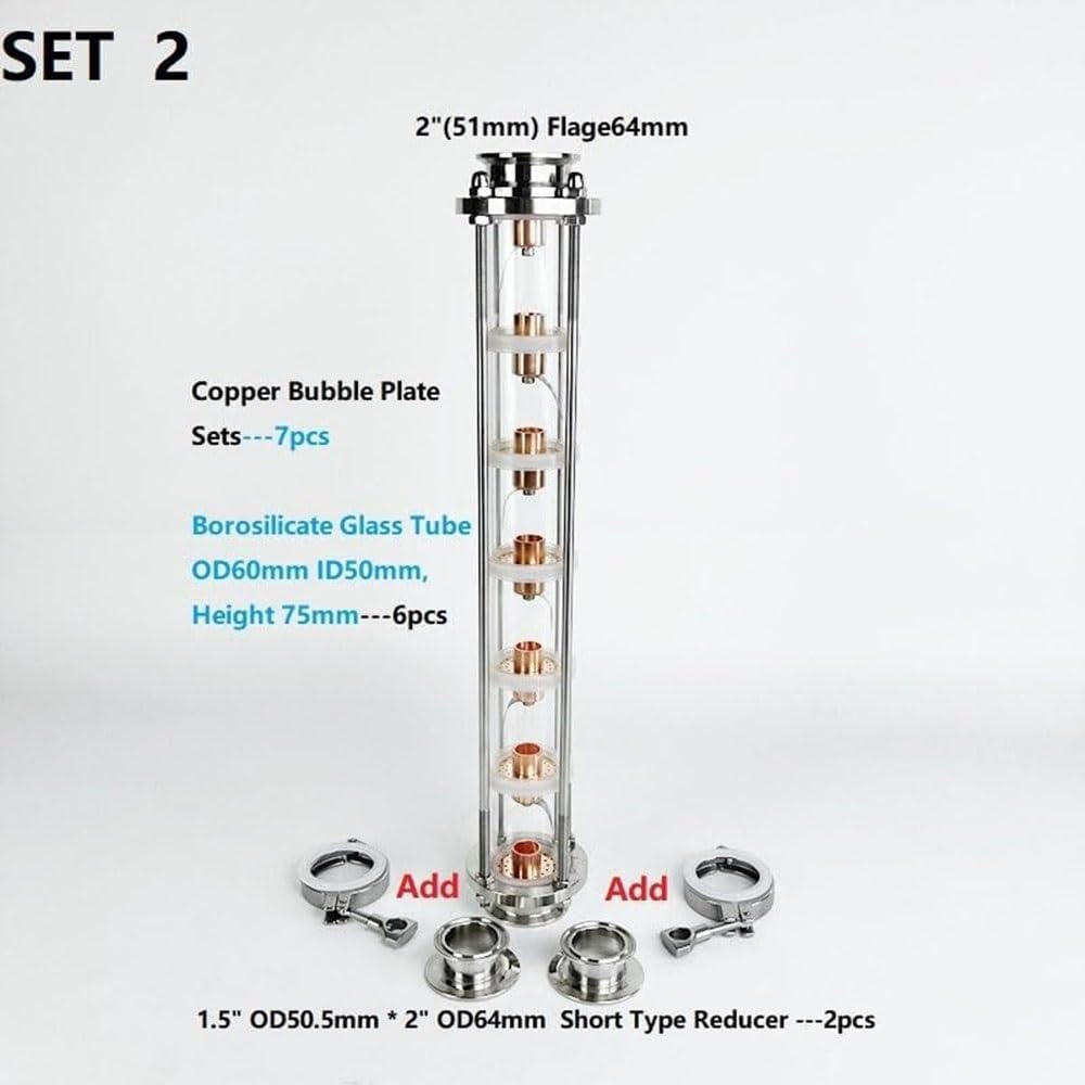 Colonna di distillazione 2" flangia 64 mm con 7 piastre a bolle in rame - Acciaio inossidabile 304 per distillazione