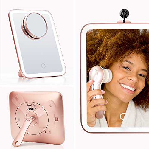 Fancii Portable Led Makeup Mirror With 3 Adjustable Light Settings, 1X Large Mirror & Detachable 10X Magnifying Mirror - Cordless Mirror For Travel, 360° Kickstand - Aura Go (Rose Gold) #TOP5
