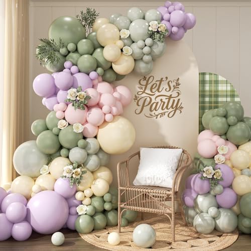 Image of Pastel Balloon Arch Garland Kit 154pcs, Double Stuffed Light Green Sage Green Purple Yellow Macaron Pink Balloons Arch Kit for Wildflower Baby Shower Wedding Birthday Party Decorations
