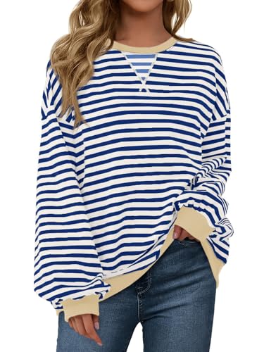 Fisoew Womens Striped Oversized Sweatshirt Color Block Crew Neck
