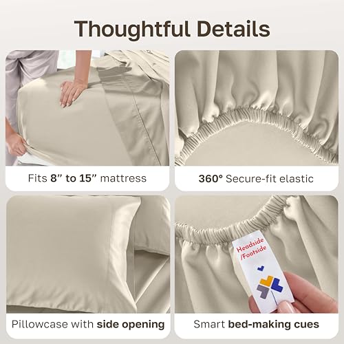 Image of California Design Den 500TC 100% Cotton Twin Bed Sheets Set, Beige | Good Housekeeping Seal, OEKO-TEX Certified, Silky-Soft Sateen Weave, 3pc Set, 15 inch Deep Pockets, For Hot Sleepers, All-Season