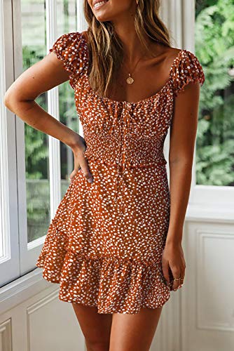 Image of Valphsio Womens Smocked Dress Ruffle Floral Tie Front Boho Short Dresses
