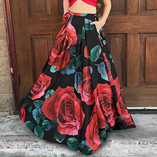 ZLBDYG Vestido rosa branco feminino boêmio estampa floral maxi saia cintura alta bolso festa vestido