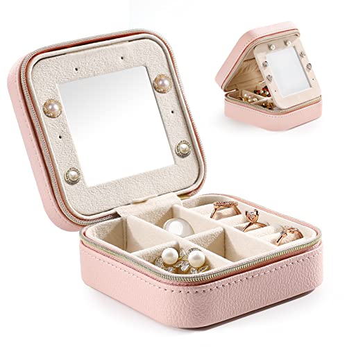 Emibele Travel Jewelry Box, Pu Leather Small Travel Jewelry Case, 3 Layers Travel Jewelry Organizer For Women Girls, Small Jewelry Travel Case With Larger Mirror, Pink #TOP24