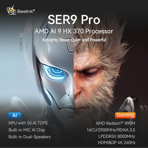 Image of Beelink SER9 Pro AI Mini PC, AMD Ryzen AI 9 HX 370(80TOPS,12C /24T,5.1GHz), 32G LPDDR5X 1TB PCIe4.0 x4 SSD, AI PC AMD Radeon 890M NPU 50 AI Tops, Built-in MIC /Speakers /USB4 /WiFi6 /BT5.2 /2.5G