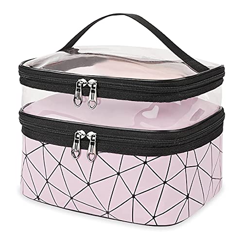 Large Toiletry Bag Pink Travel Cosmetic Bags for Women Waterproof Clear Double Layer Make up Bag Organizer with Compartments